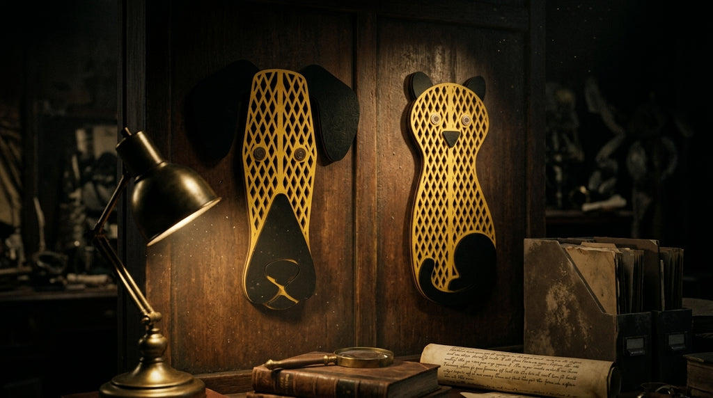 Golden Grid Dog Mask – Handmade 3D Wooden Wall Decor | Masqez