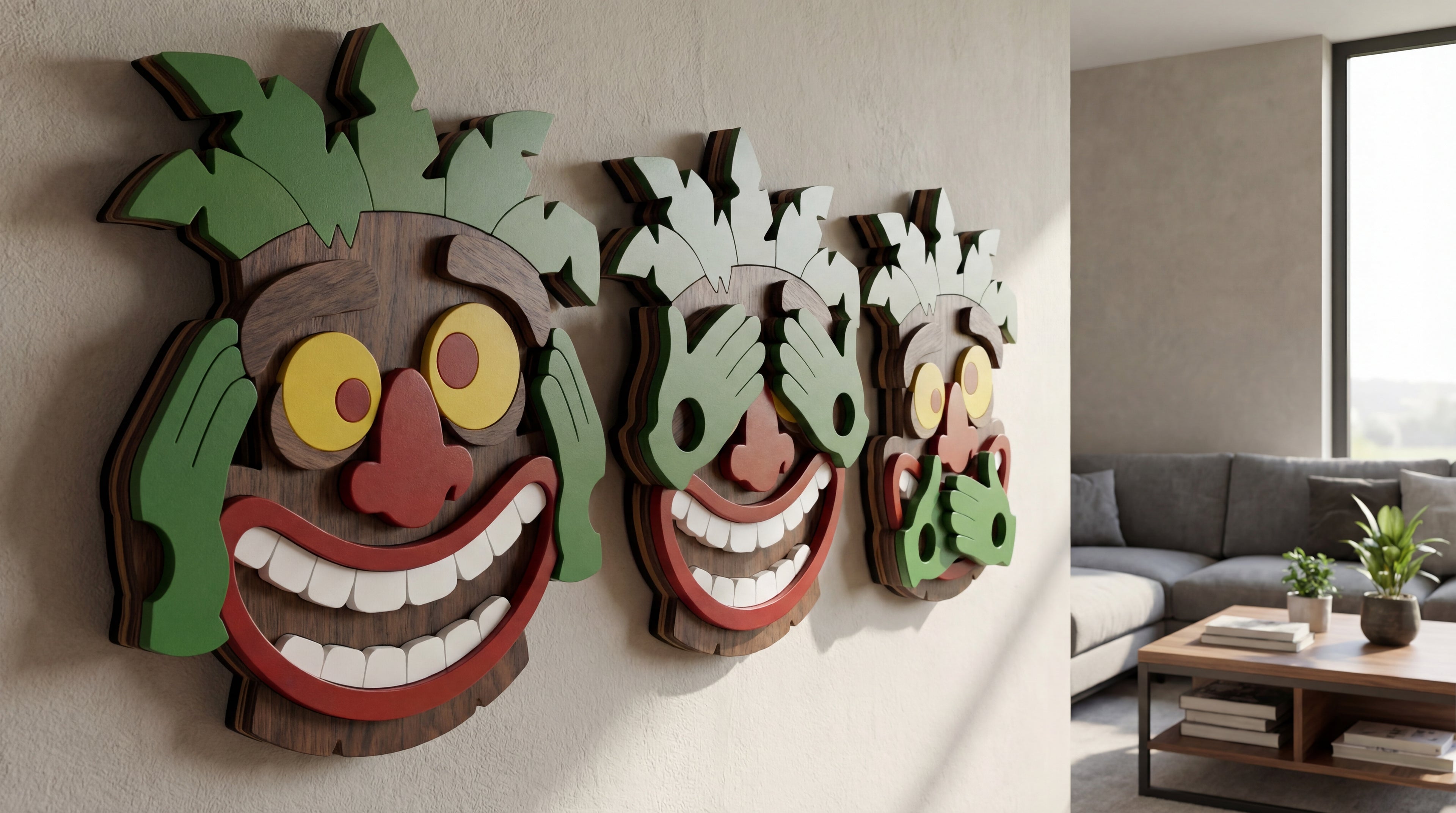 Trinity of Silence – 3D Wooden Wall Art Set (See • Hear • Speak)