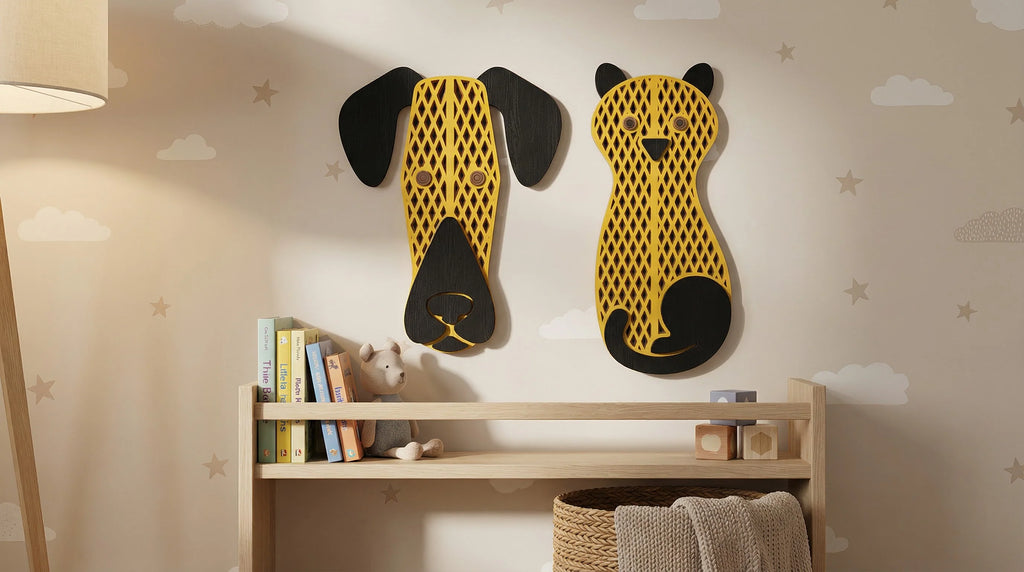 Golden Grid Cat Masks Set – 3D Wooden Wall Art Set | Masqez