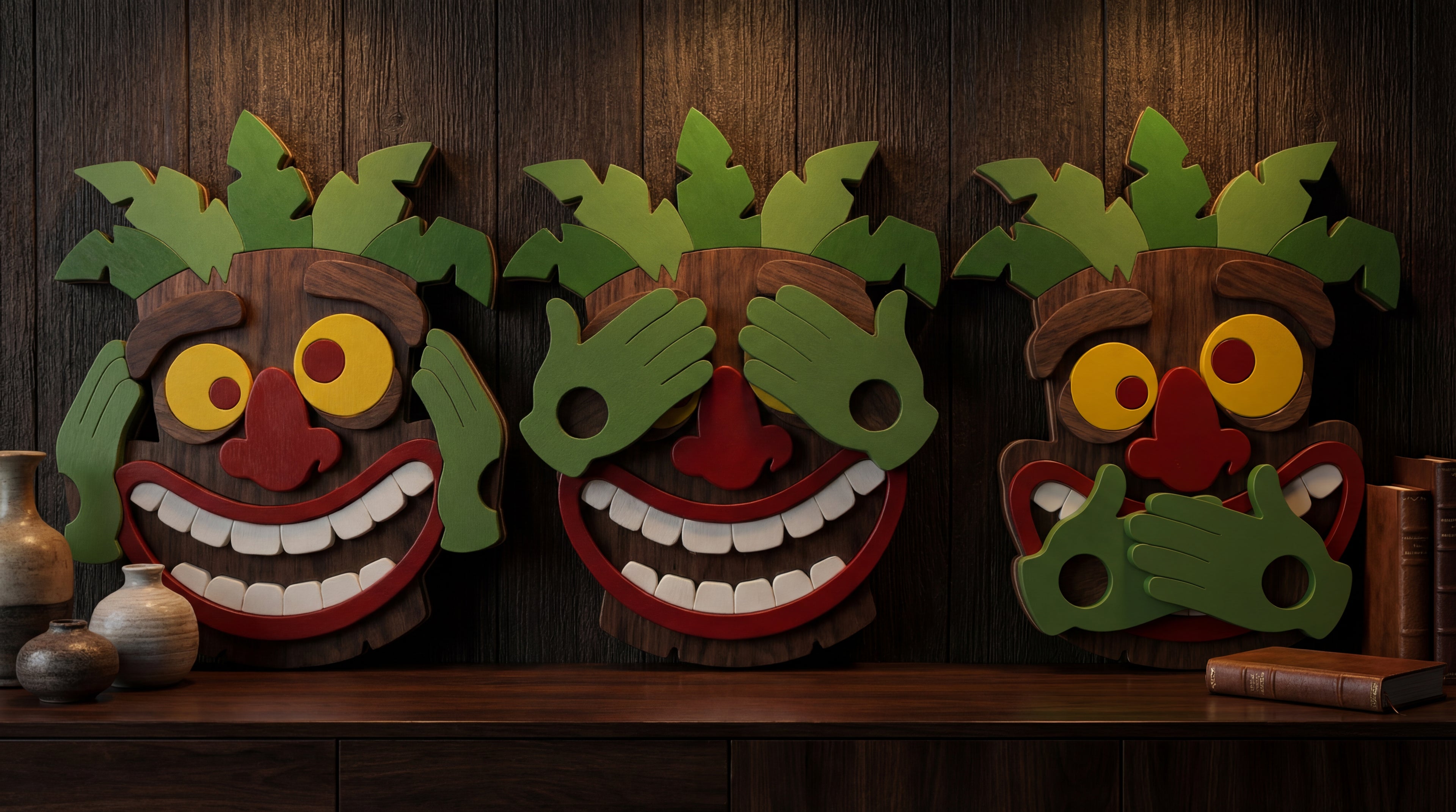 Trinity of Silence – 3D Wooden Wall Art Set (See • Hear • Speak)