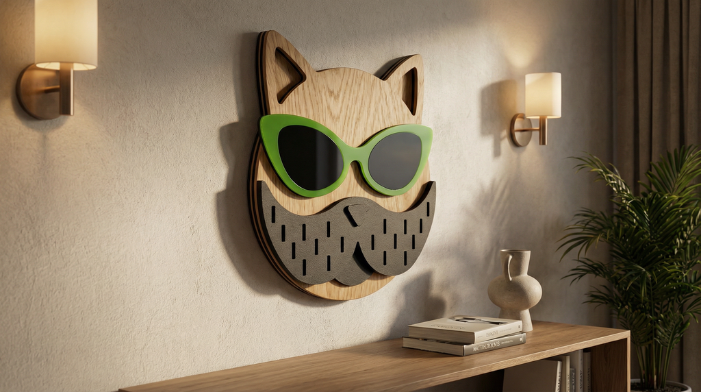 Lime Lens Cat Wall Mask – Handmade 3D Wooden Wall Decor | Masqez