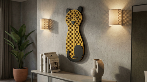 Golden Grid Cat Mask - Wooden wall decor