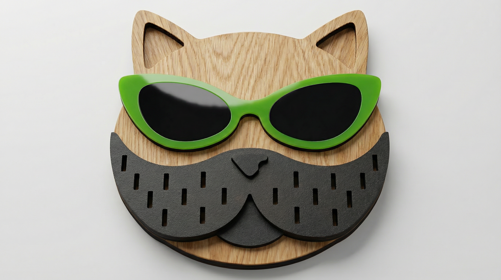 Lime Lens Cat Wall Mask – Handmade 3D Wooden Wall Decor | Masqez