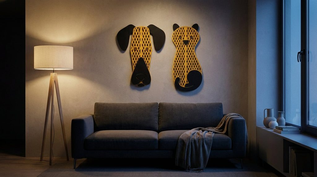 Golden Grid Dog Mask – Handmade 3D Wooden Wall Decor | Masqez