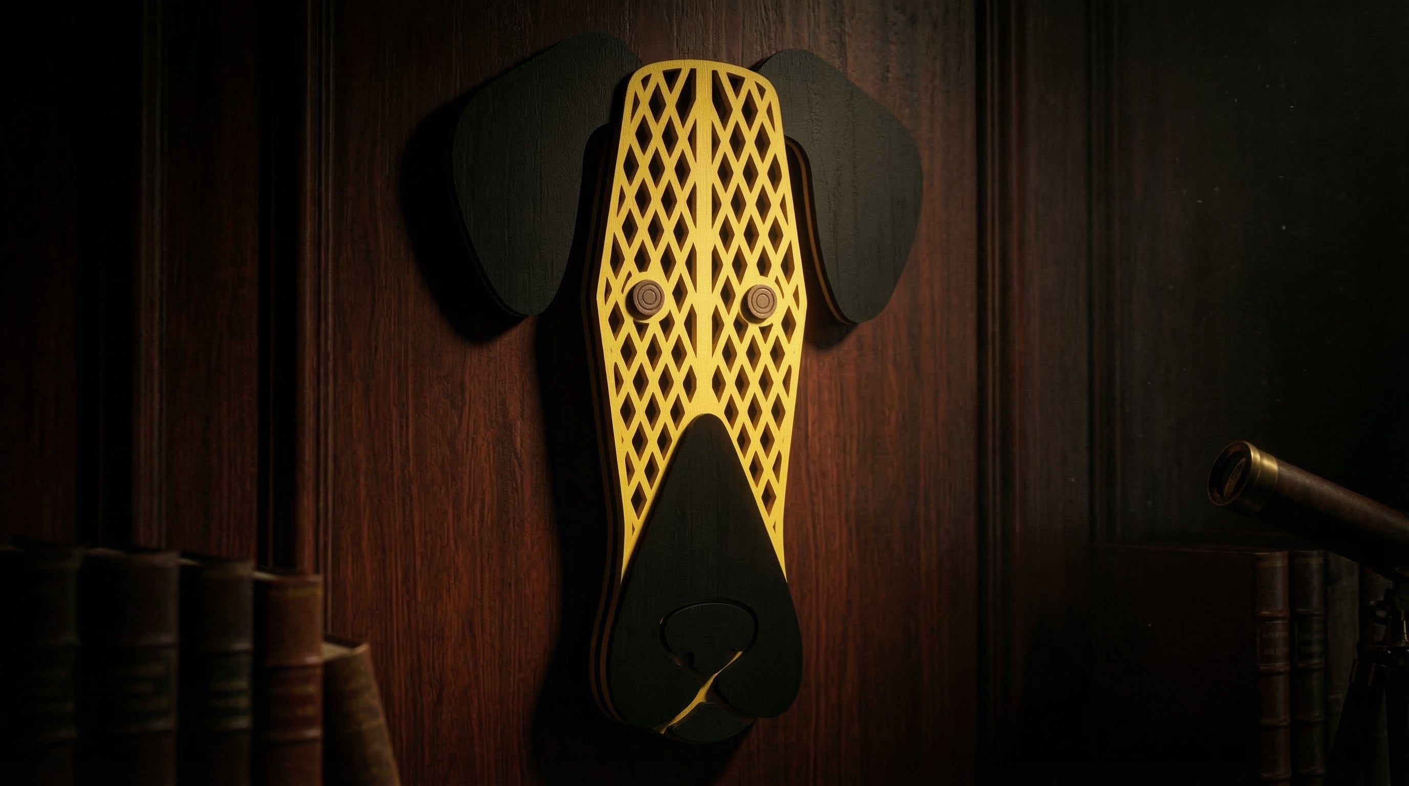 Golden Grid Dog Mask - Wooden wall decor